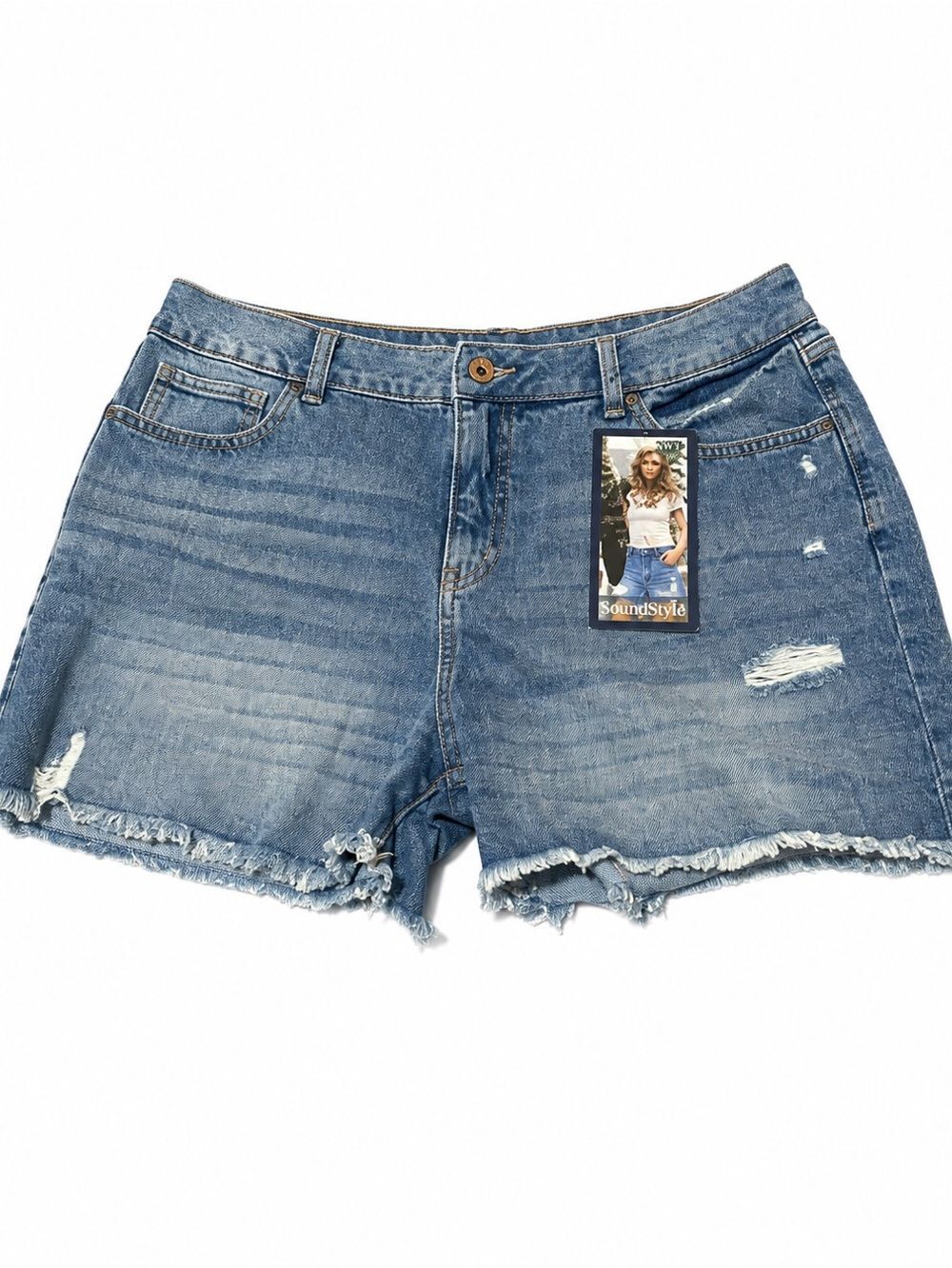 NWT SoundStyle Distressed High Rise Denim Shorts Size 16/18 Tummy Control